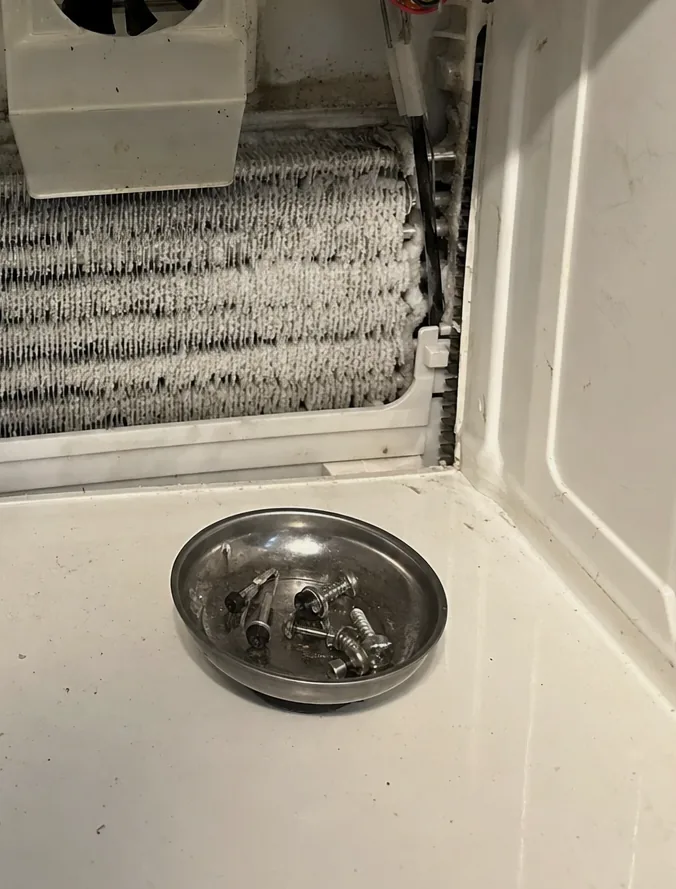 The lower half of an opened freezer liner, a magnetic tray of screws set down beside the frosted coil.