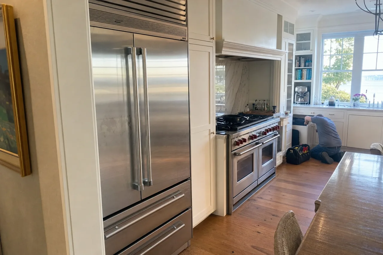 A coastal kitchen with a stainless built-in refrigerator and freezer set flush into pale cabinetry, a technician kneeling at a cabinet by the window at the far end.