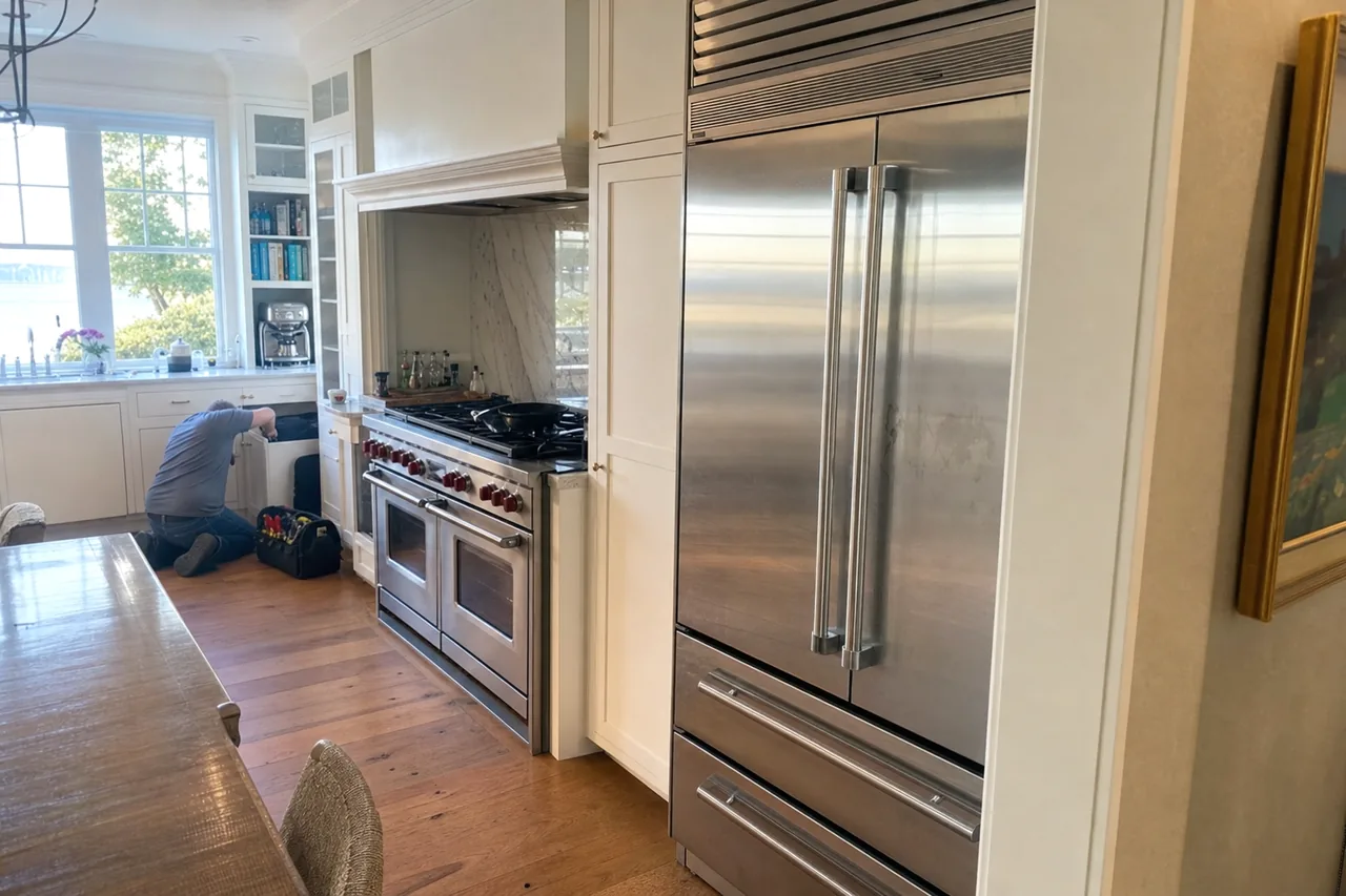A kitchen photographed toward a window with a water view, a built-in refrigerator standing at the right of the frame.