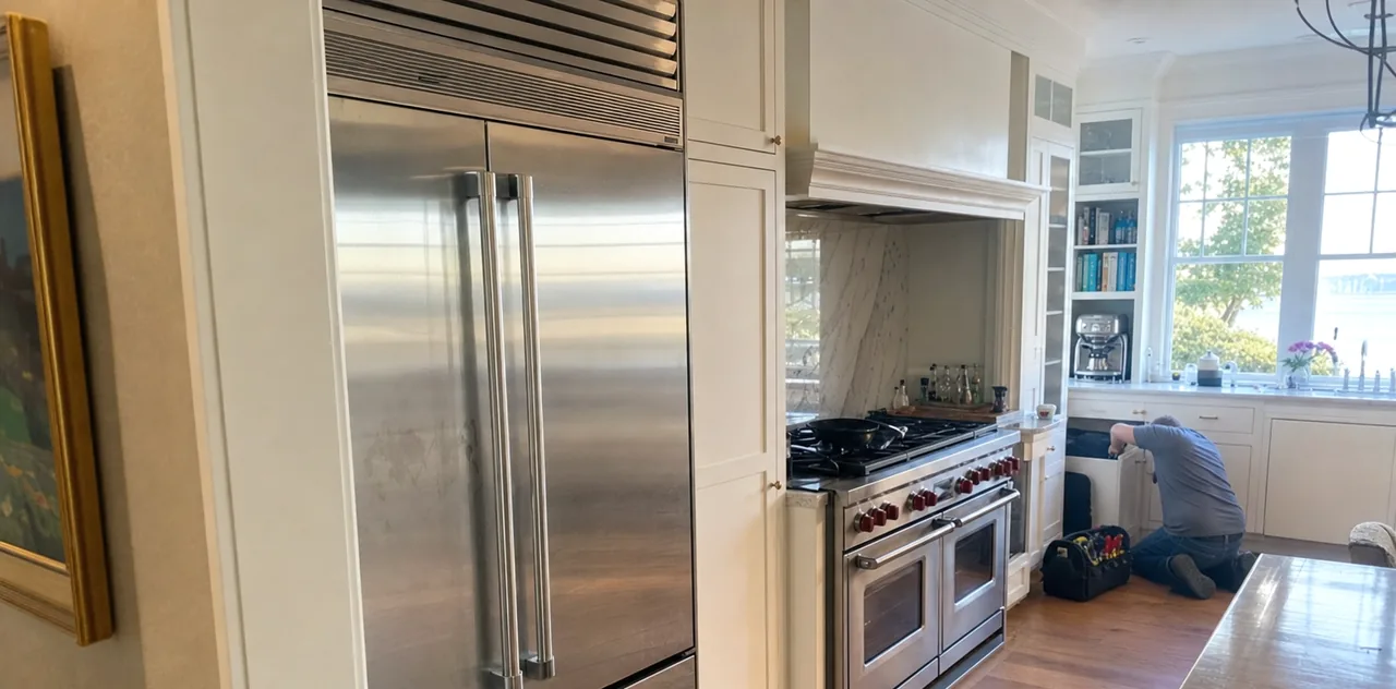 A wide view along a kitchen: cabinetry, a range under a plaster hood, and a window looking out toward water.