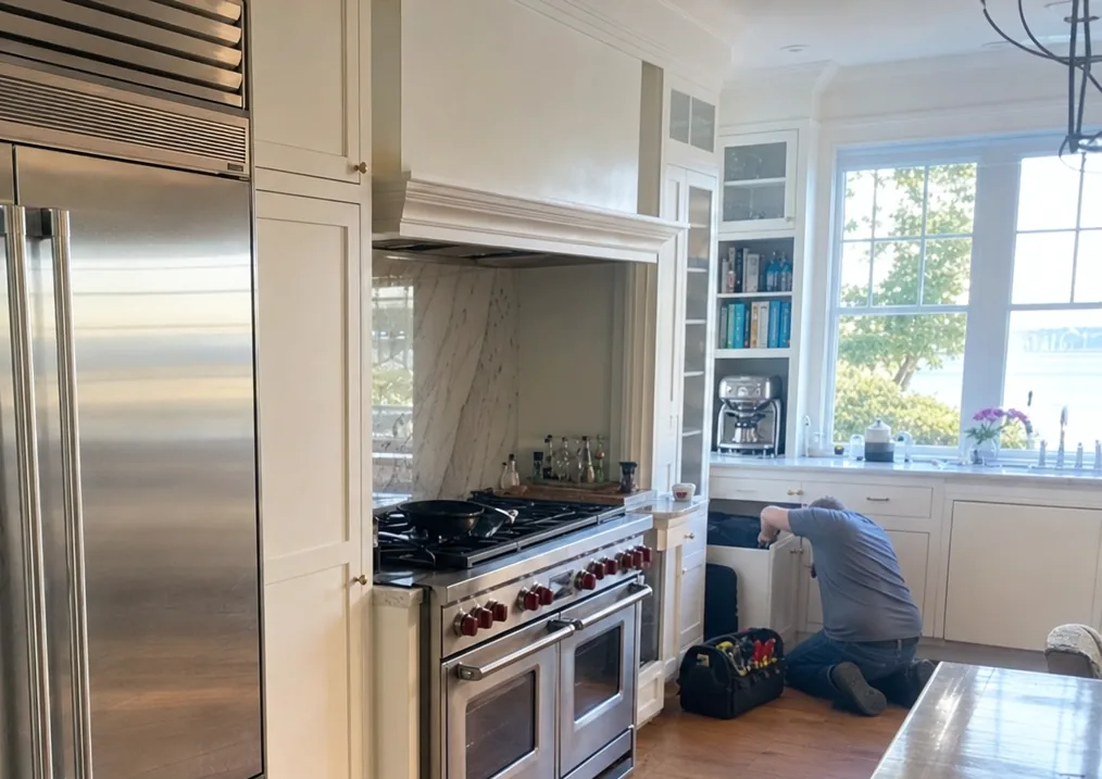 A kitchen seen past the edge of a built-in refrigerator: a range, glazed cabinets and a technician kneeling at the far wall.