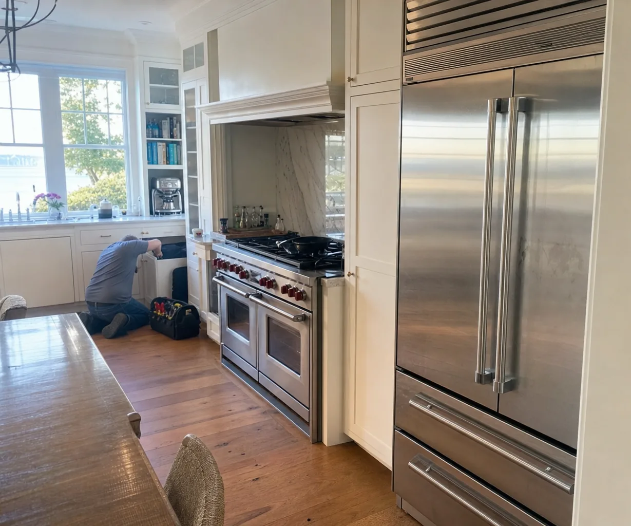 A stainless French-door built-in refrigerator with two lower freezer drawers and a louvered top grille, set into white cabinets beside a range while a technician kneels at the sink cabinet.