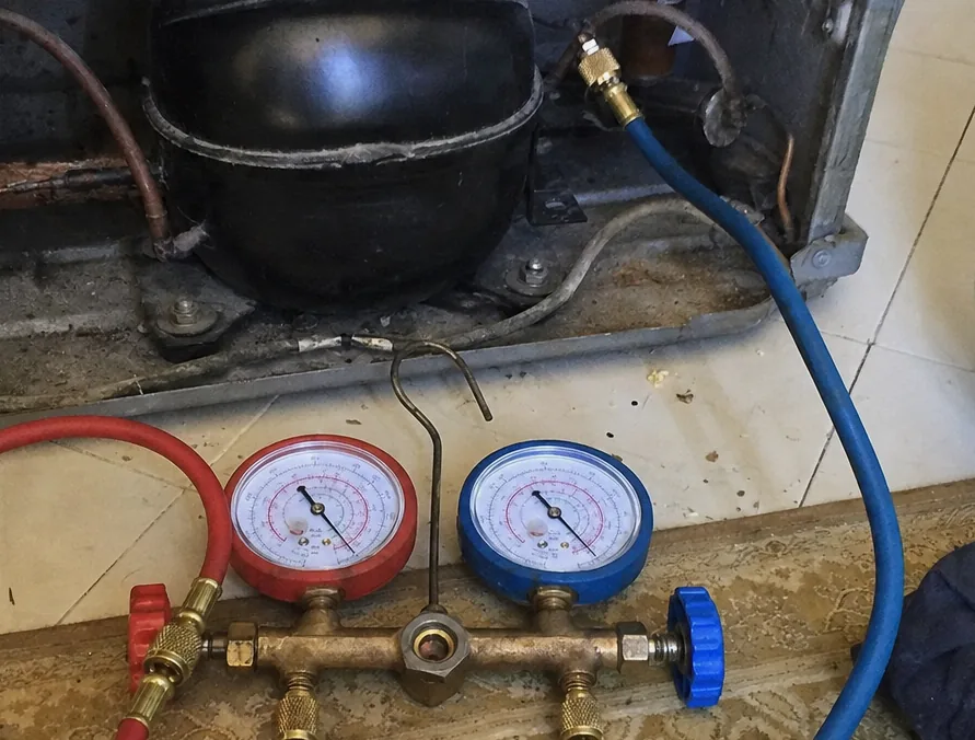 A tight frame on the gauge manifold, its brass ports and coloured hoses filling most of the picture.